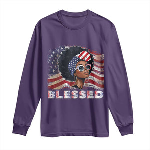 Blessed Black Queen Afro American Flag Long Sleeve Shirt Patriotic Juneteenth 4th of July