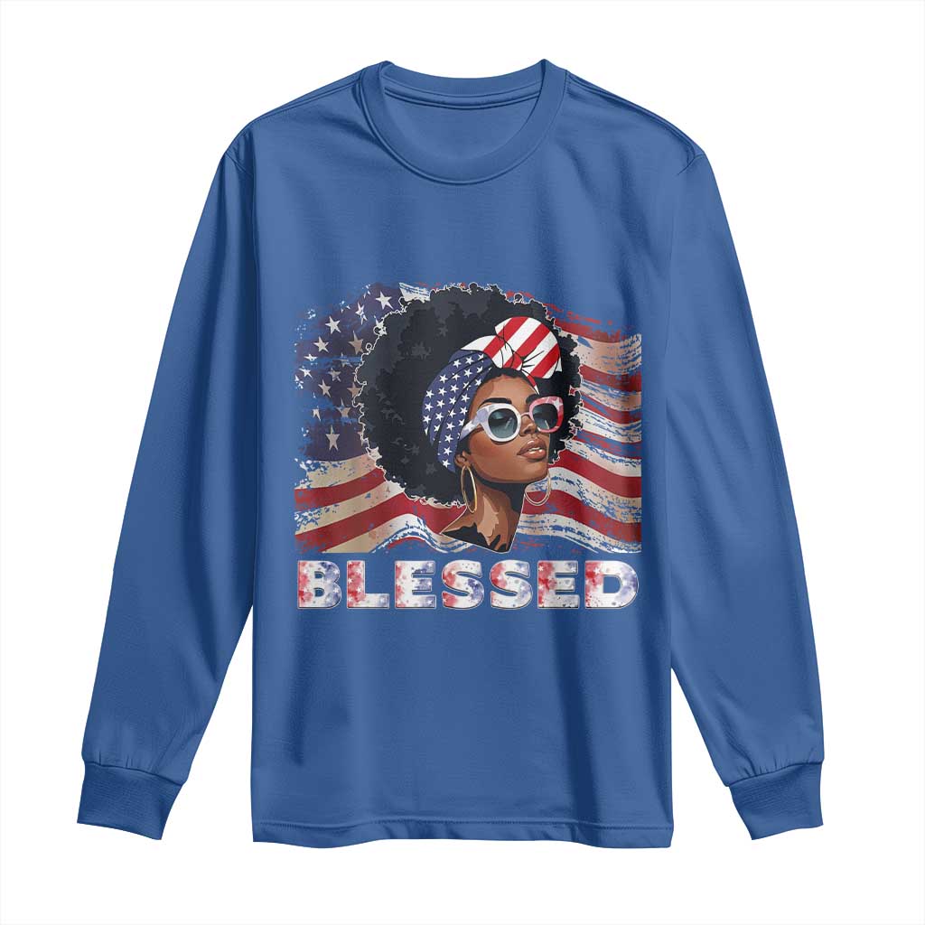 Blessed Black Queen Afro American Flag Long Sleeve Shirt Patriotic Juneteenth 4th of July