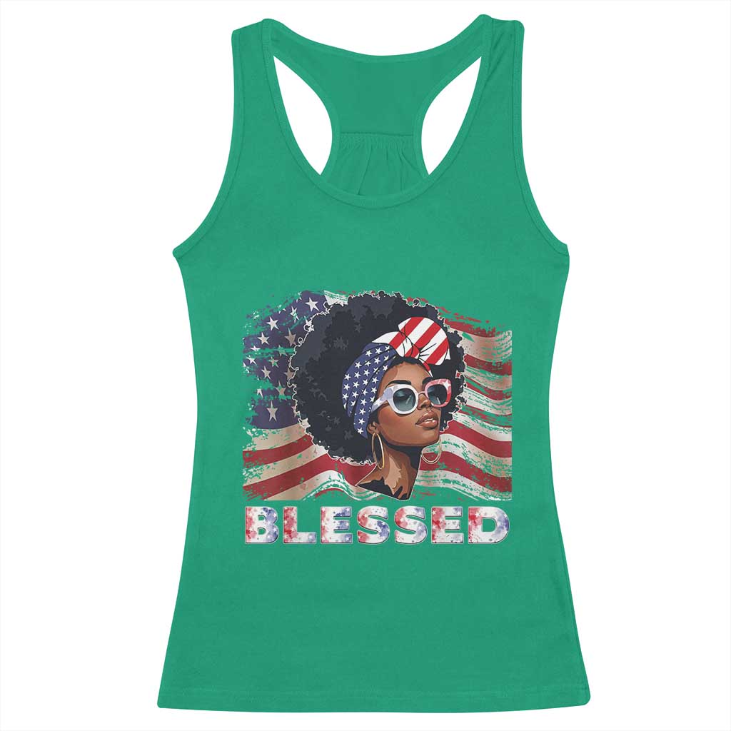 Blessed Black Queen Afro American Flag Racerback Tank Top Patriotic Juneteenth 4th of July