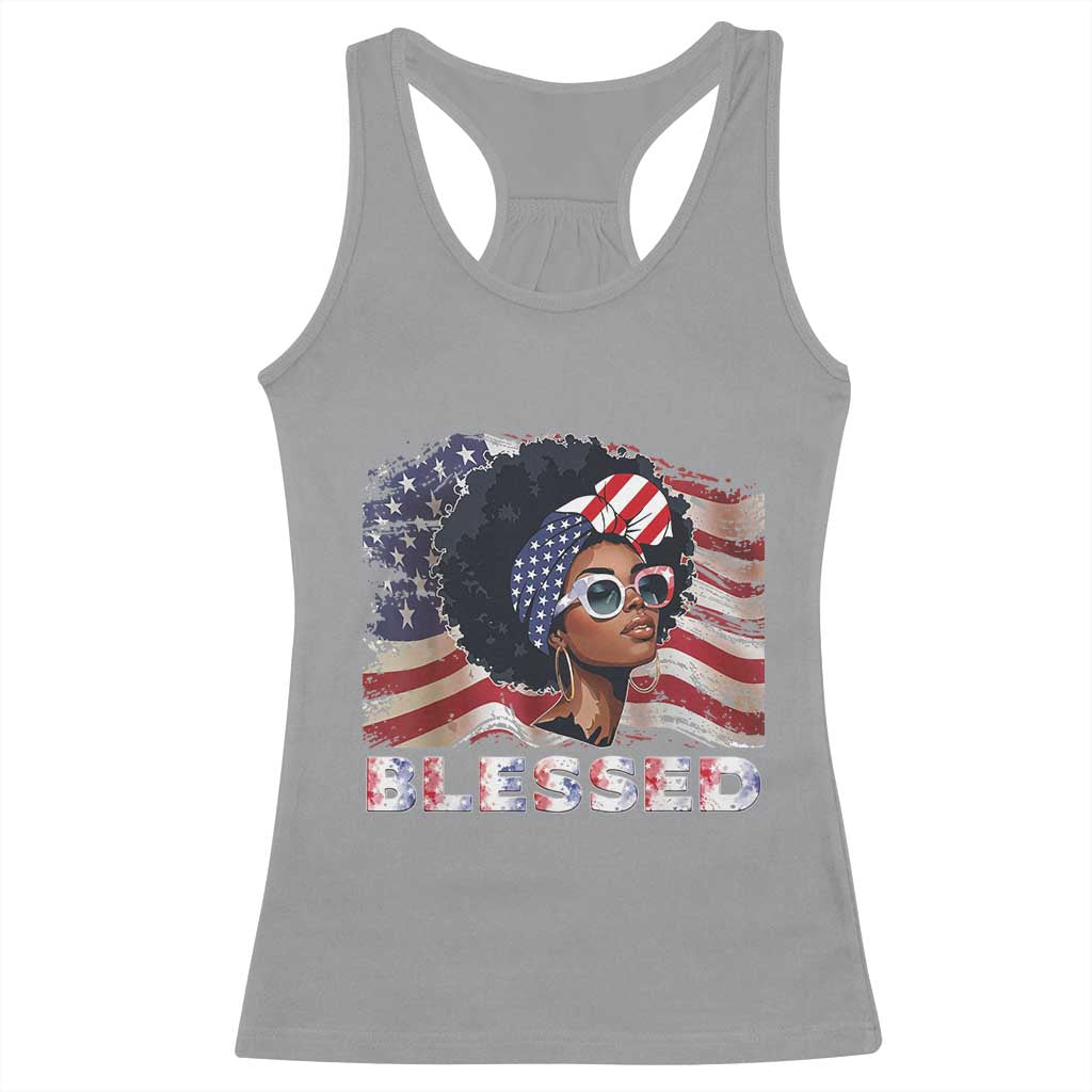Blessed Black Queen Afro American Flag Racerback Tank Top Patriotic Juneteenth 4th of July
