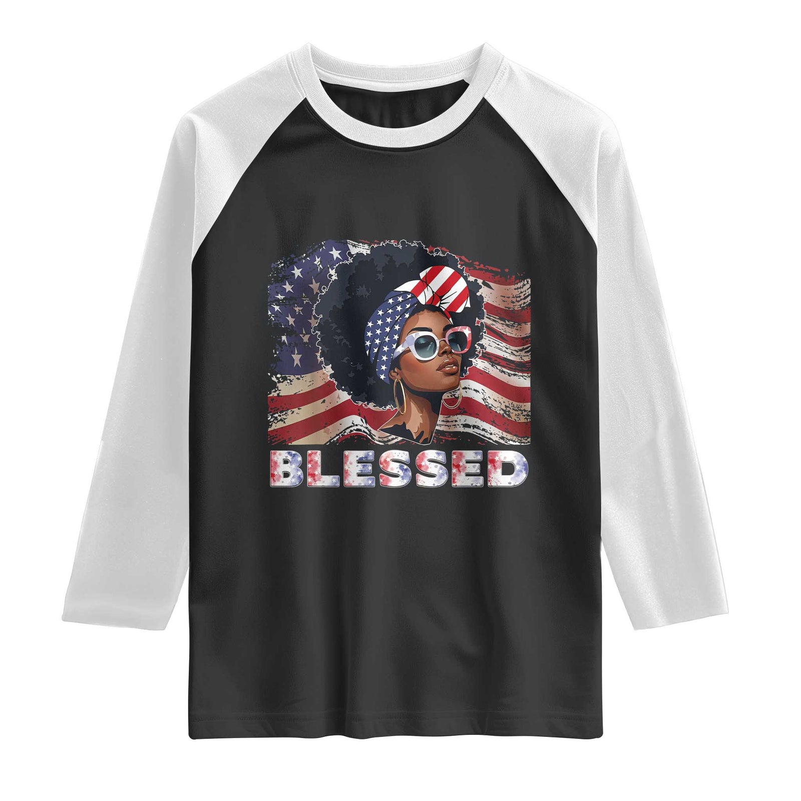 Blessed Black Queen Afro American Flag Raglan Shirt Patriotic Juneteenth 4th of July