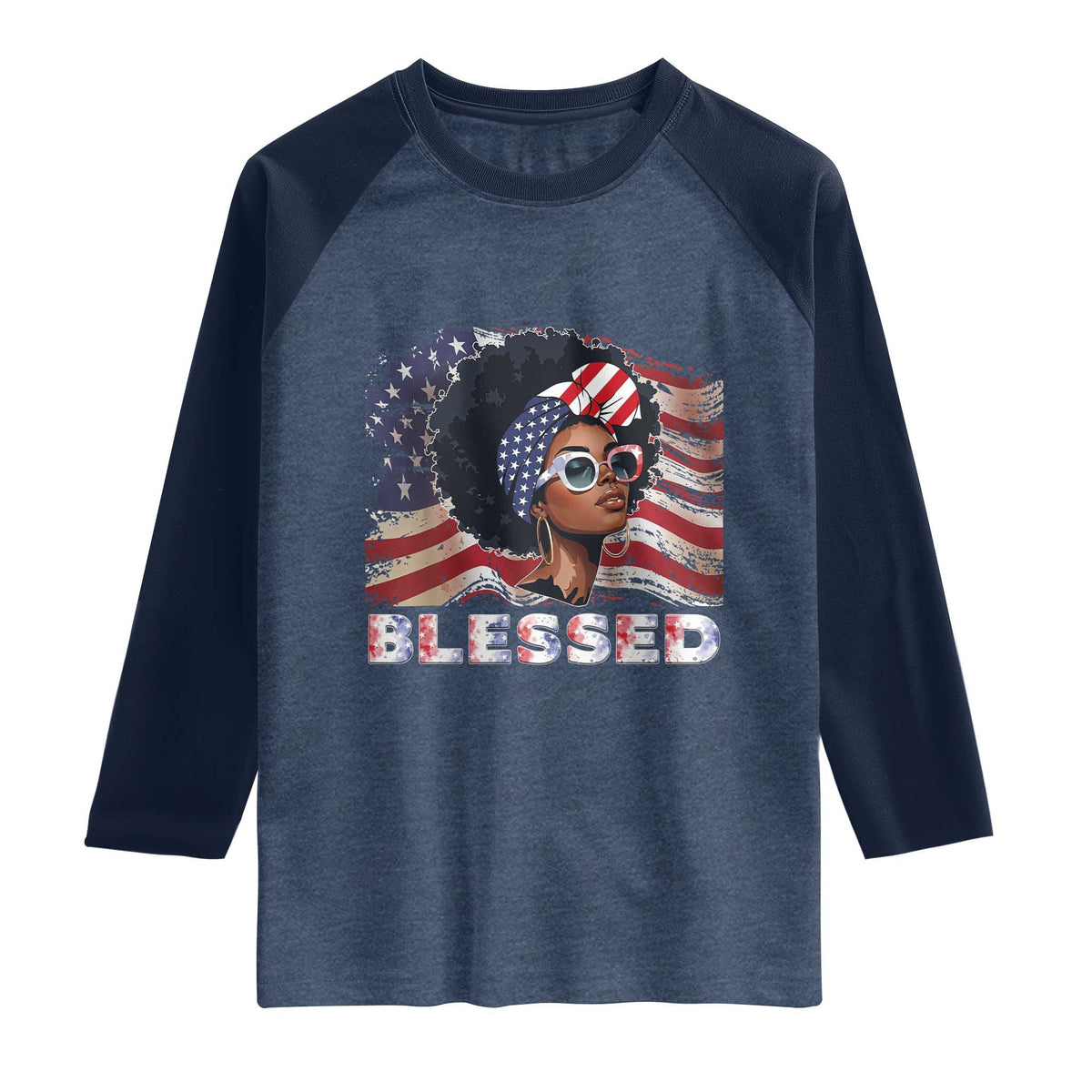 Blessed Black Queen Afro American Flag Raglan Shirt Patriotic Juneteenth 4th of July