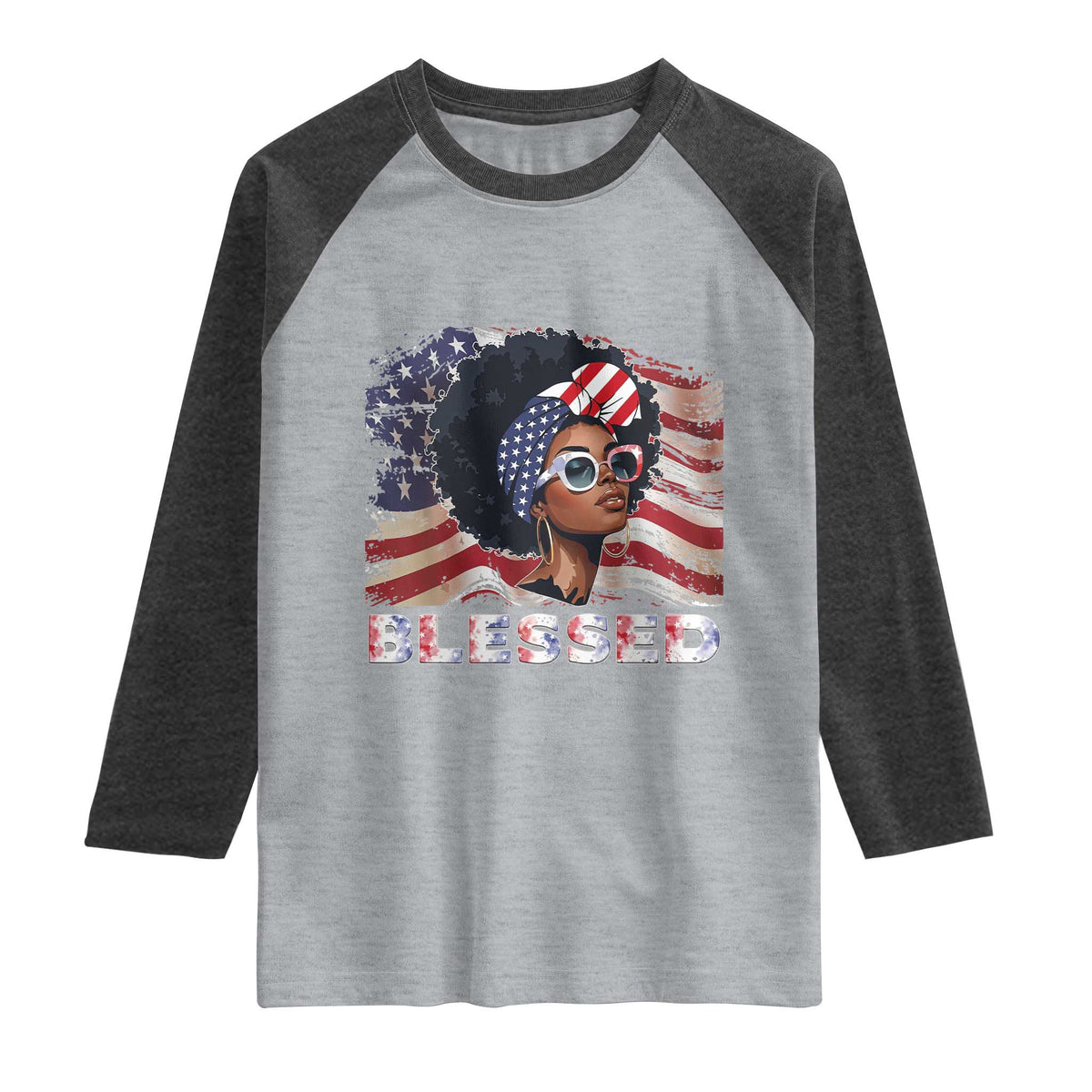 Blessed Black Queen Afro American Flag Raglan Shirt Patriotic Juneteenth 4th of July