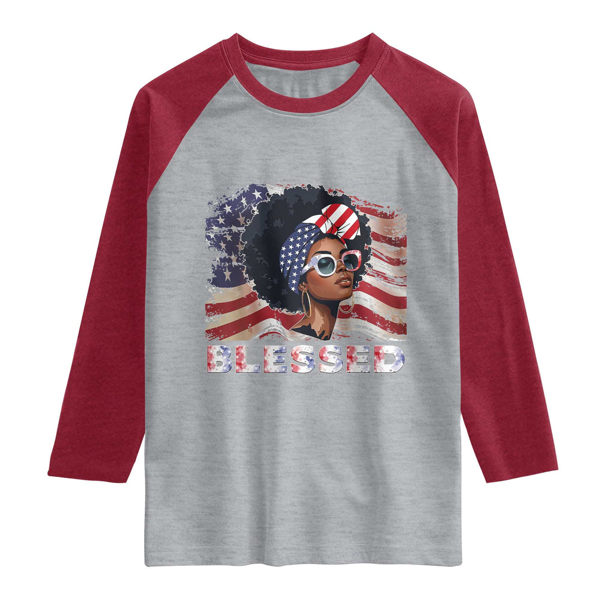 Blessed Black Queen Afro American Flag Raglan Shirt Patriotic Juneteenth 4th of July