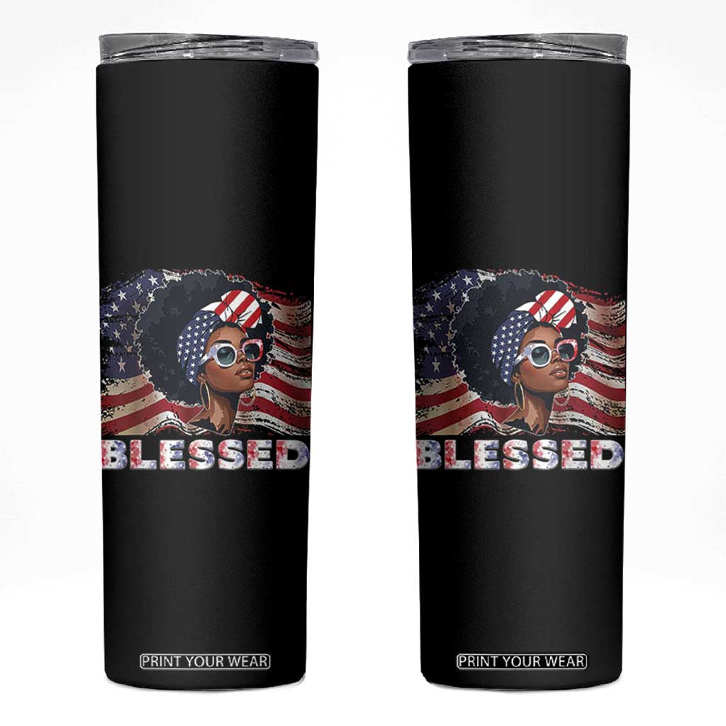 Blessed Black Queen Afro American Flag Skinny Tumbler Patriotic Juneteenth 4th of July