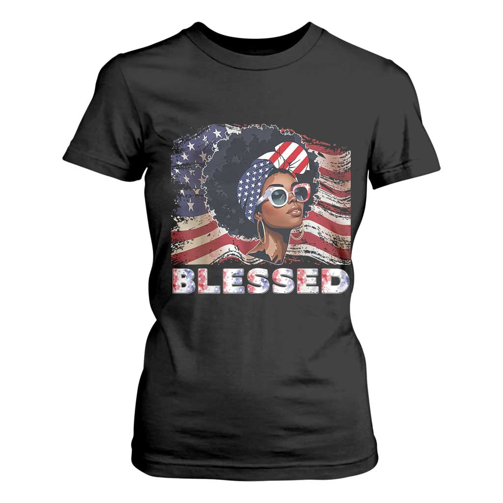 Blessed Black Queen Afro American Flag T Shirt For Women Patriotic Juneteenth 4th of July