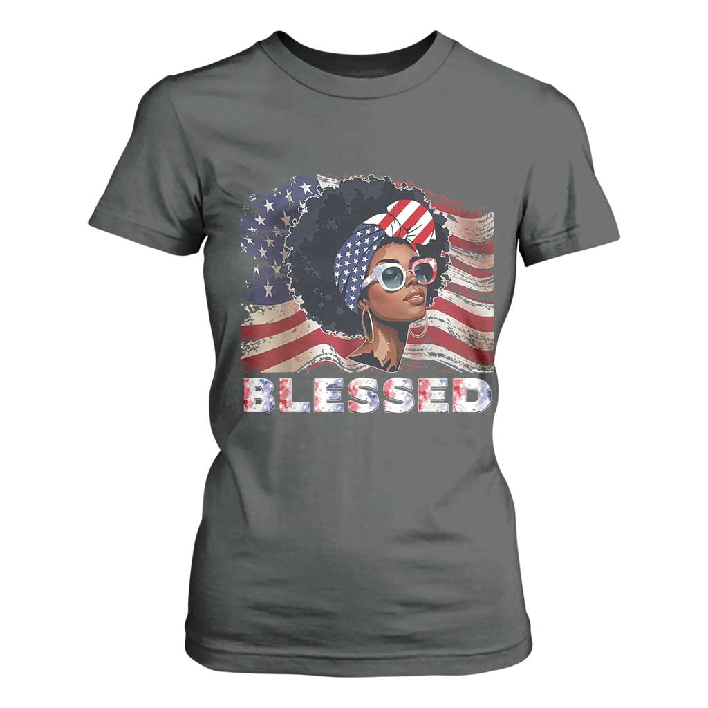 Blessed Black Queen Afro American Flag T Shirt For Women Patriotic Juneteenth 4th of July