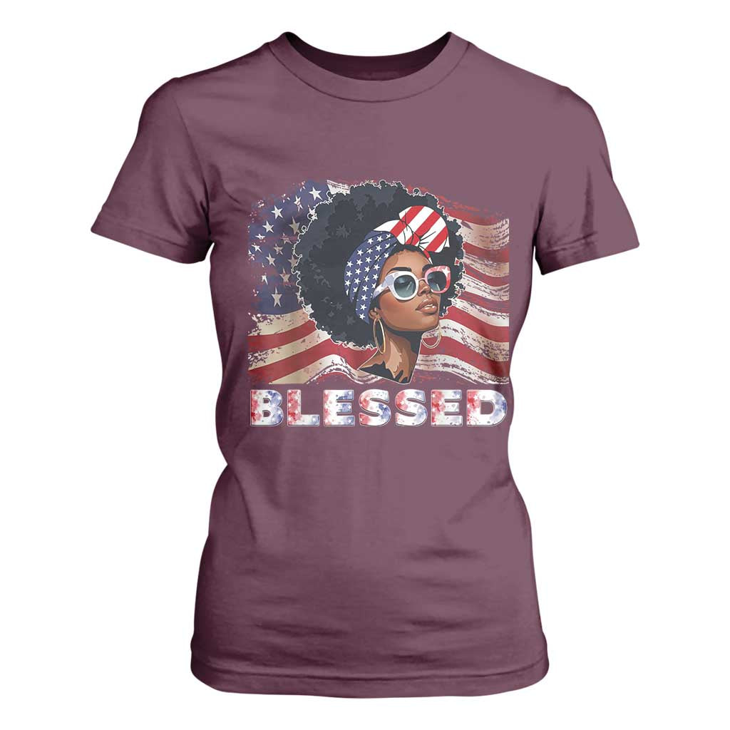 Blessed Black Queen Afro American Flag T Shirt For Women Patriotic Juneteenth 4th of July