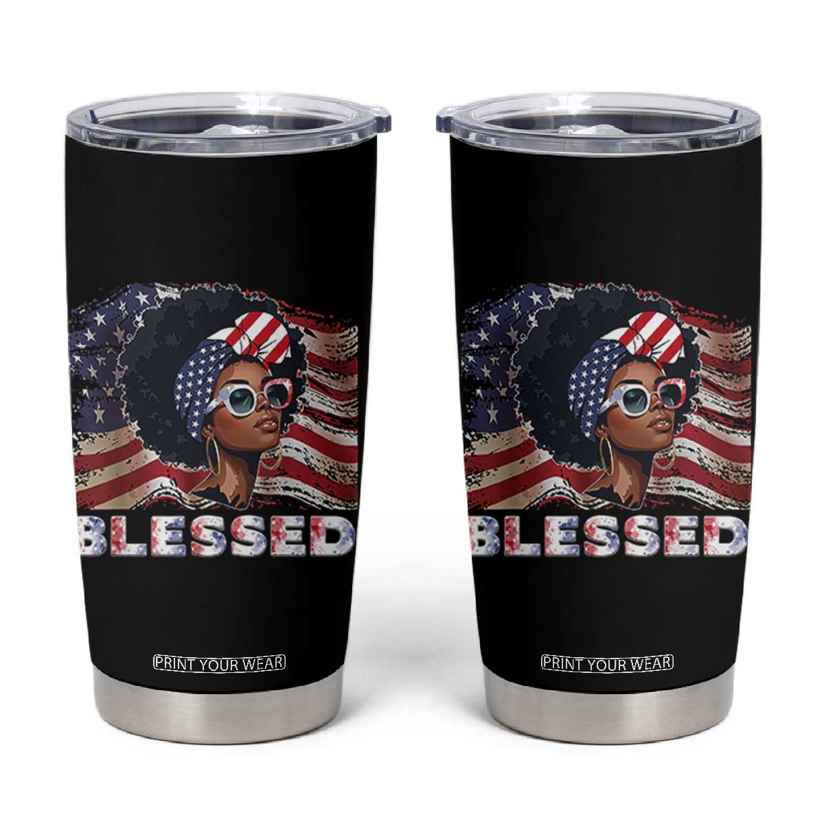 Blessed Black Queen Afro American Flag Tumbler Cup Patriotic Juneteenth 4th of July