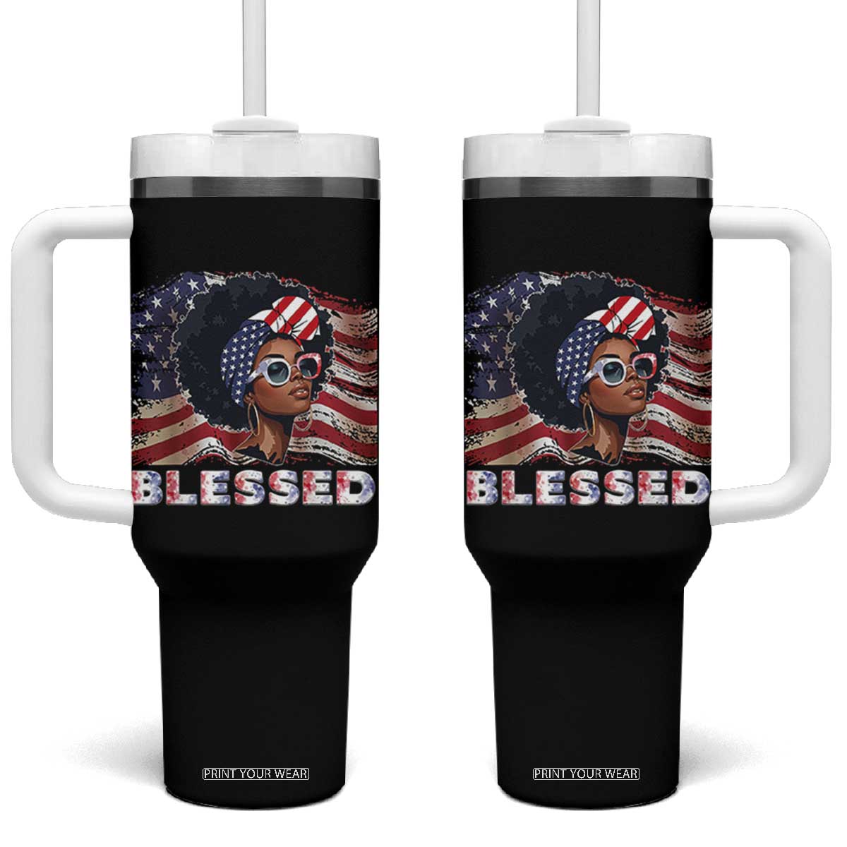 Blessed Black Queen Afro American Flag Tumbler With Handle Patriotic Juneteenth 4th of July