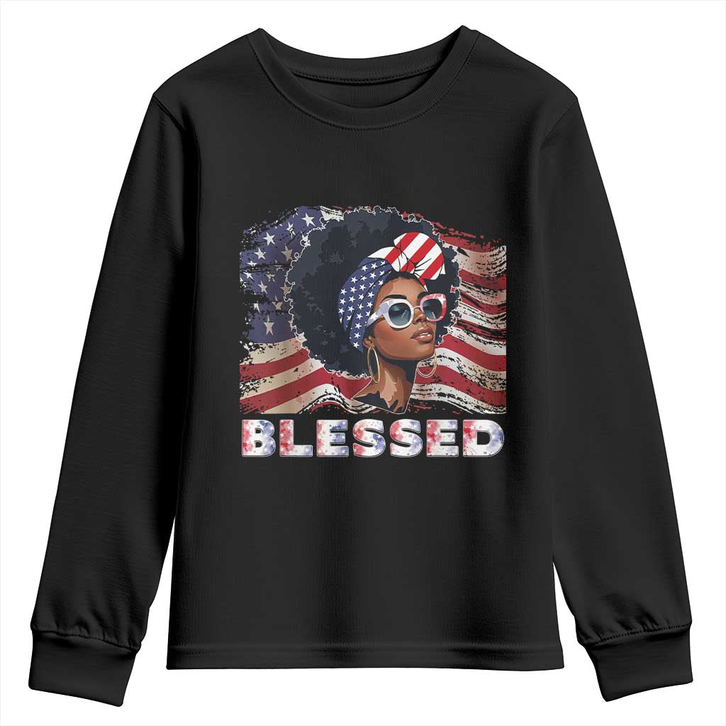 Blessed Black Queen Afro American Flag Youth Sweatshirt Patriotic Juneteenth 4th of July