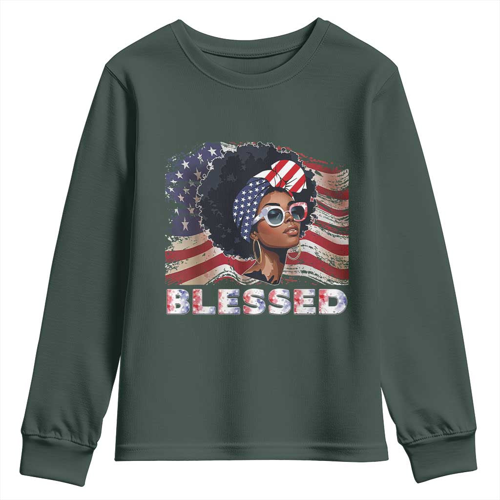 Blessed Black Queen Afro American Flag Youth Sweatshirt Patriotic Juneteenth 4th of July