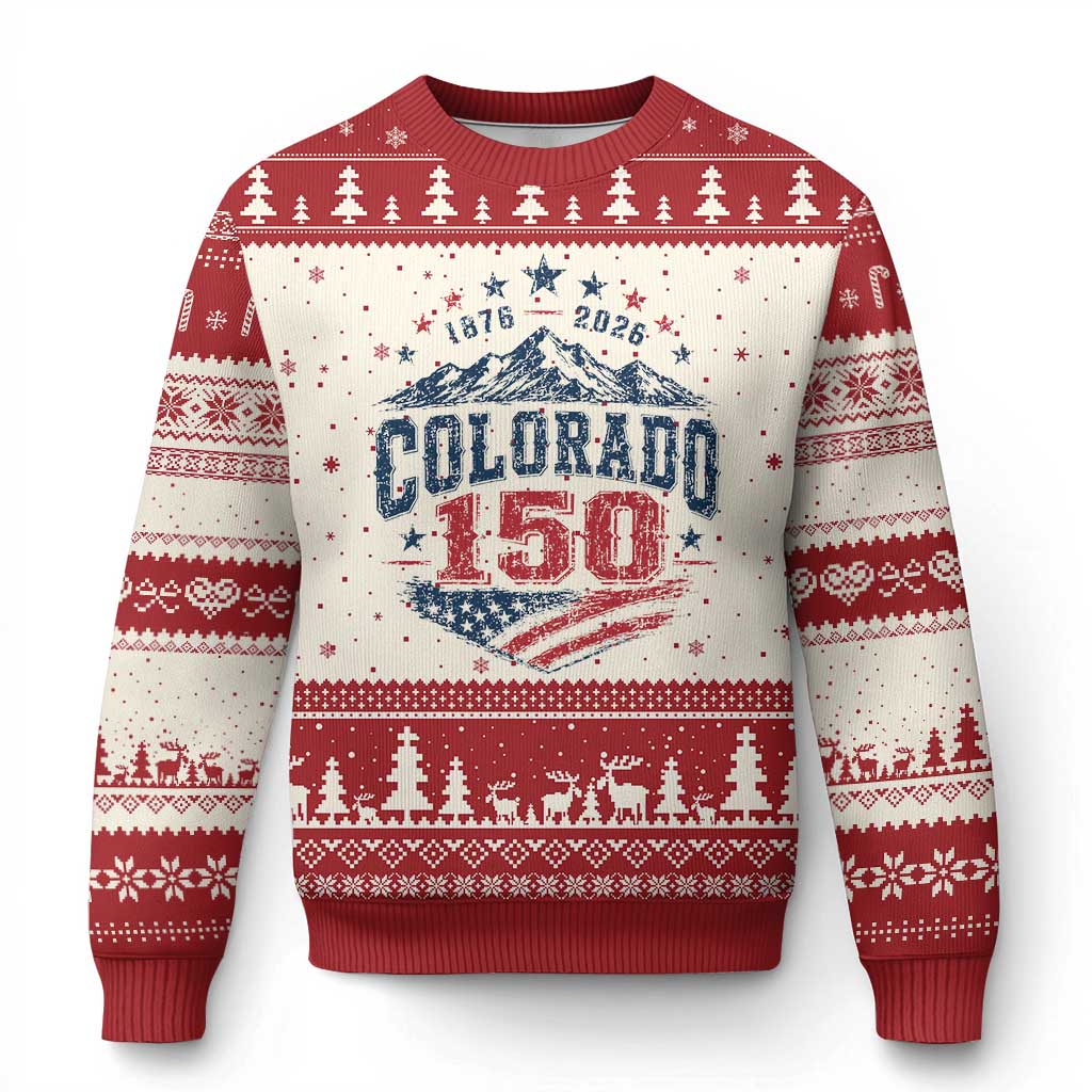 Colorado Rocky Mountains 150th Anniversary Ugly Christmas Sweater Sesquicentennial 1876 2026 Patriotic Graphic TS02 Beige Red Print Your Wear