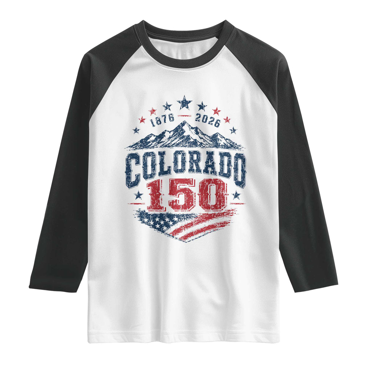 Colorado Rocky Mountains 150th Anniversary Raglan Shirt Sesquicentennial 1876 2026 Patriotic Graphic TS02 White Black Print Your Wear