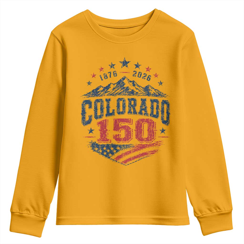Colorado Rocky Mountains 150th Anniversary Youth Sweatshirt Sesquicentennial 1876 2026 Patriotic Graphic TS02 Gold Print Your Wear