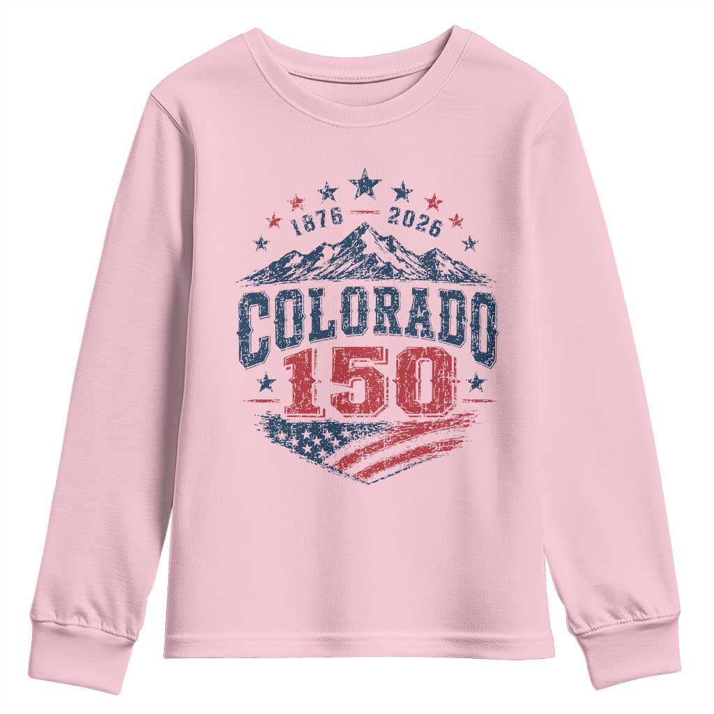 Colorado Rocky Mountains 150th Anniversary Youth Sweatshirt Sesquicentennial 1876 2026 Patriotic Graphic TS02 Light Pink Print Your Wear