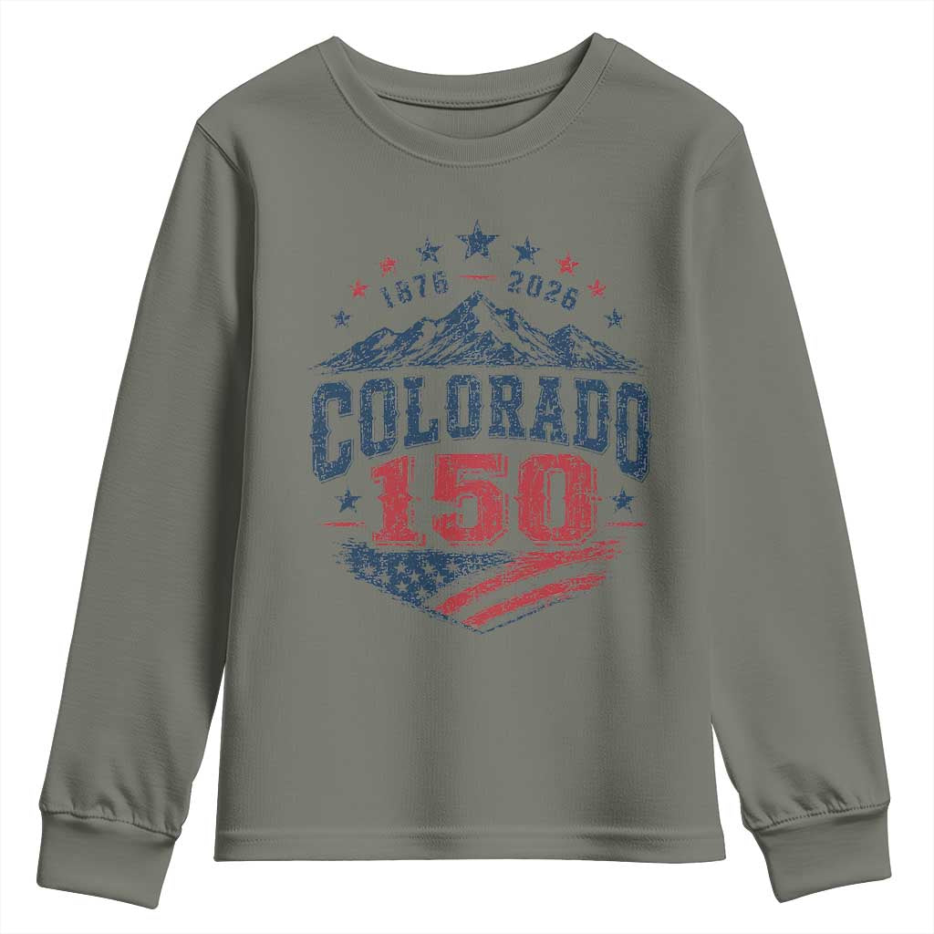 Colorado Rocky Mountains 150th Anniversary Youth Sweatshirt Sesquicentennial 1876 2026 Patriotic Graphic TS02 Military Green Print Your Wear