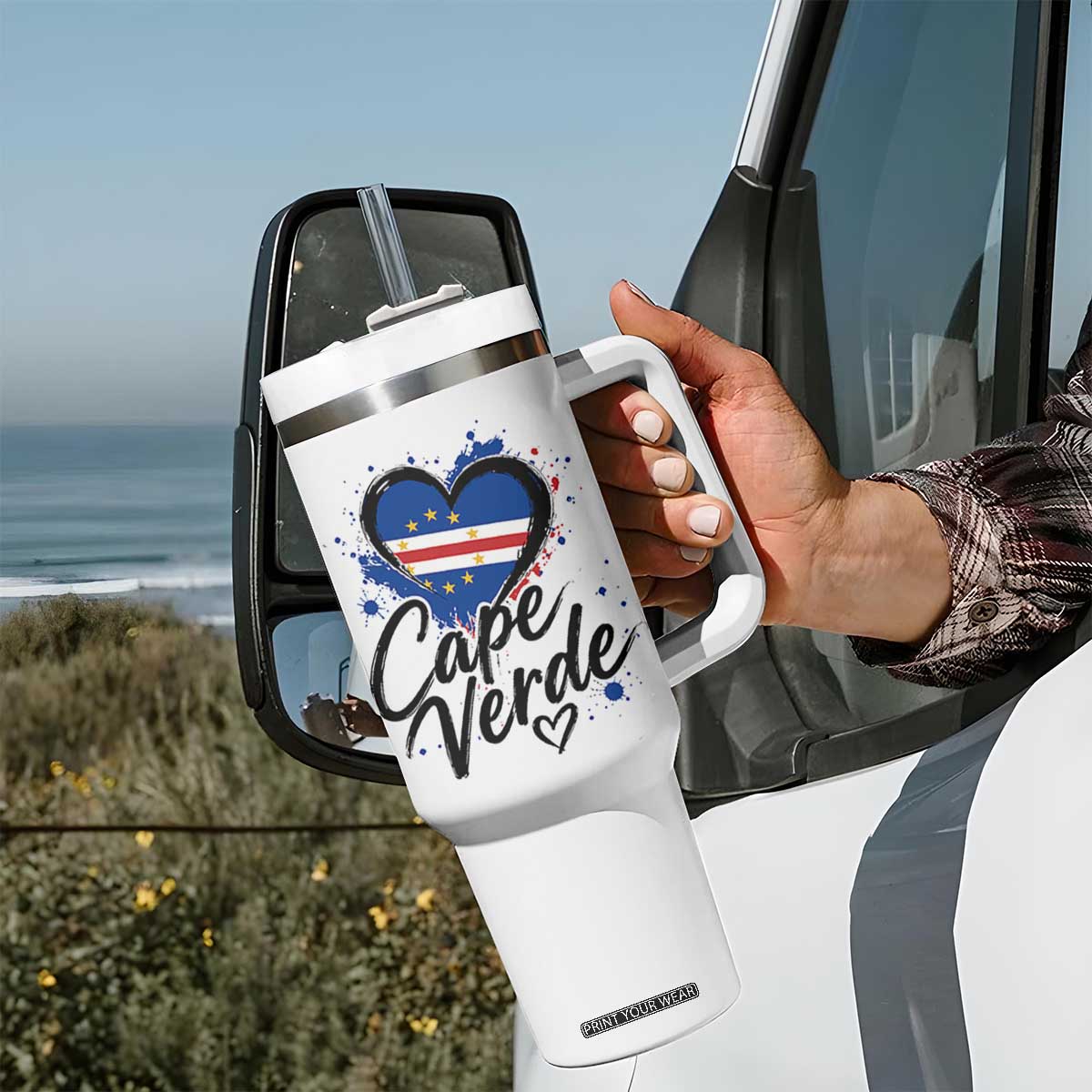 Cape Verde Flag Heart Tumbler With Handle Cabo Verde Pride Verdean Love TS02 Print Your Wear