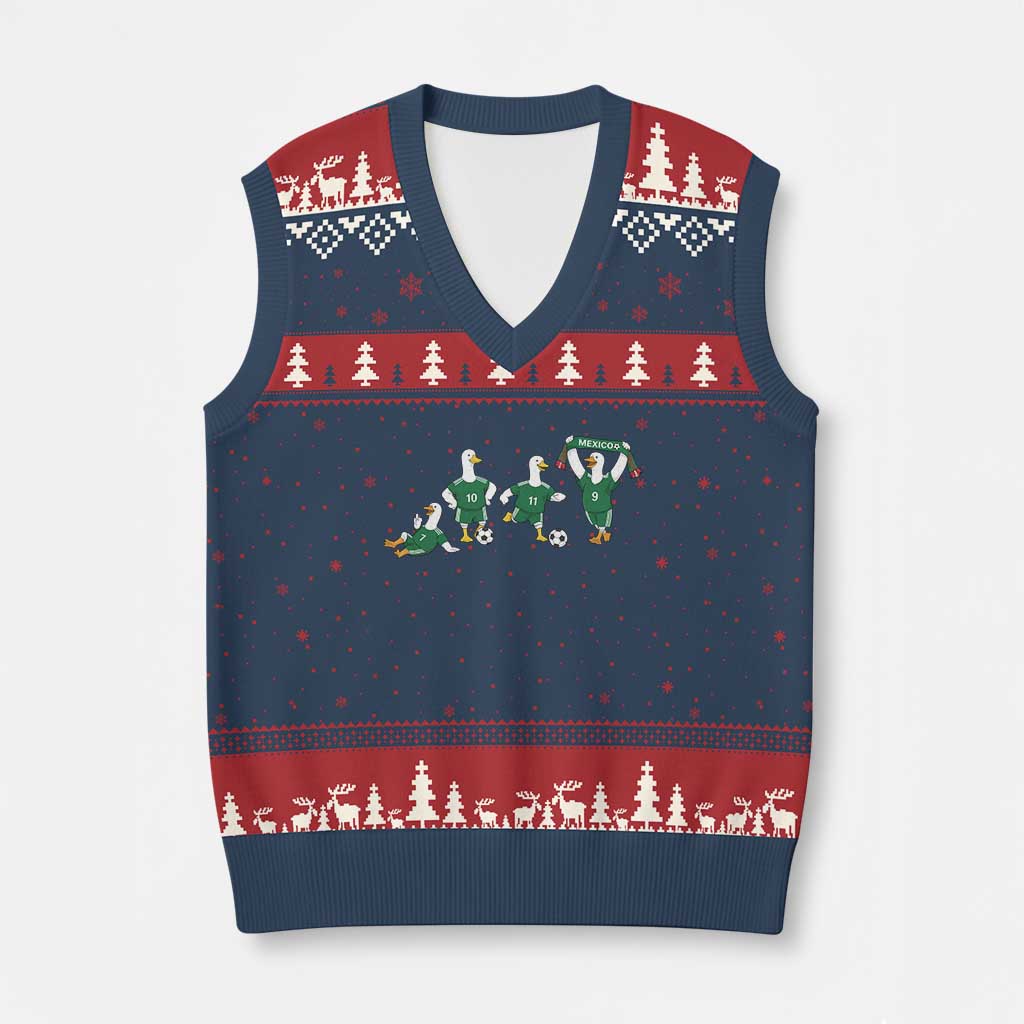Funny Mexico Merlin the Duck Playing Soccer Graphic V-Neck Knit Sweater Vest Mexican Spirit Football Fans Cheer TS02 Navy Red Print Your Wear