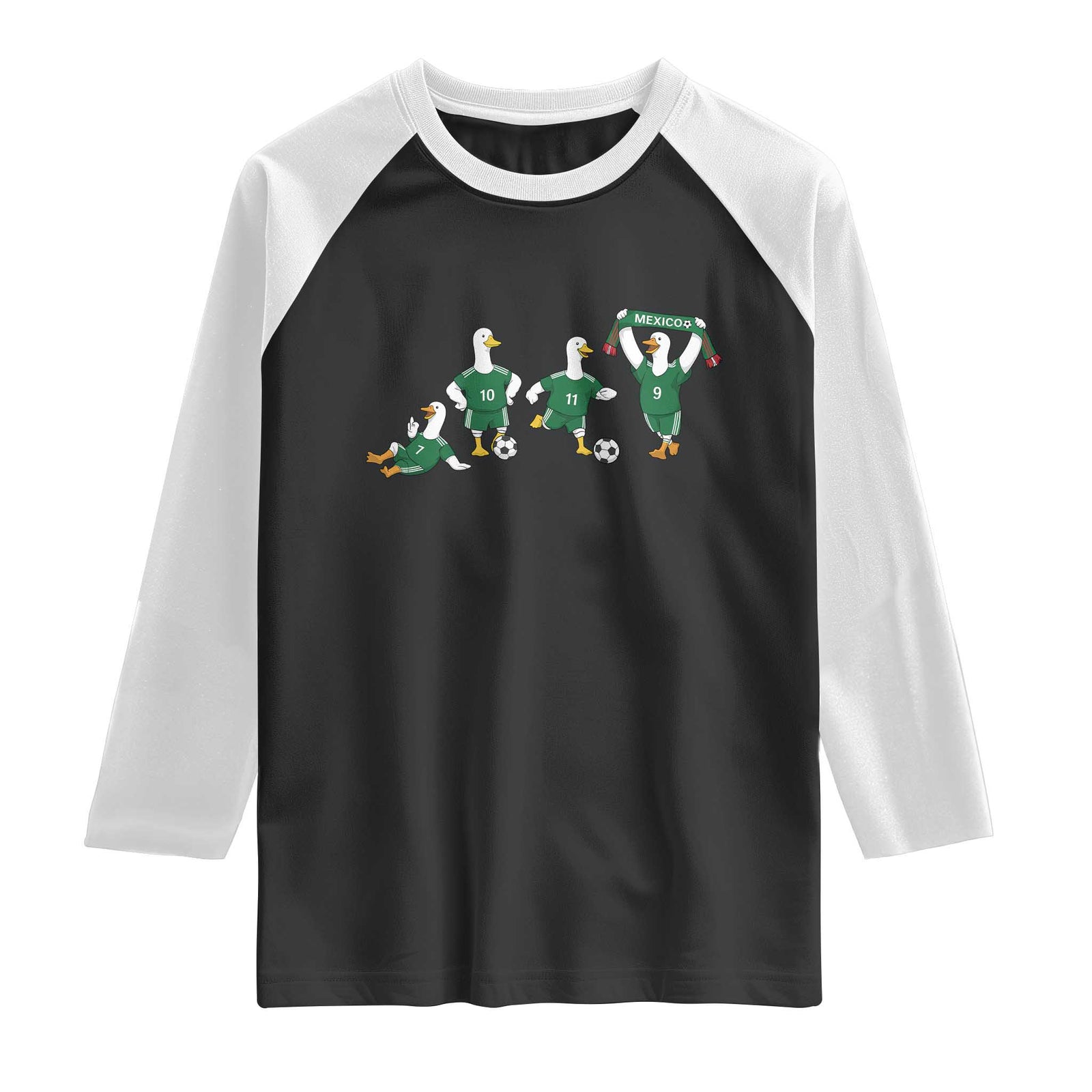 Funny Mexico Merlin the Duck Playing Soccer Graphic Raglan Shirt Mexican Spirit Football Fans Cheer TS02 Black White Print Your Wear