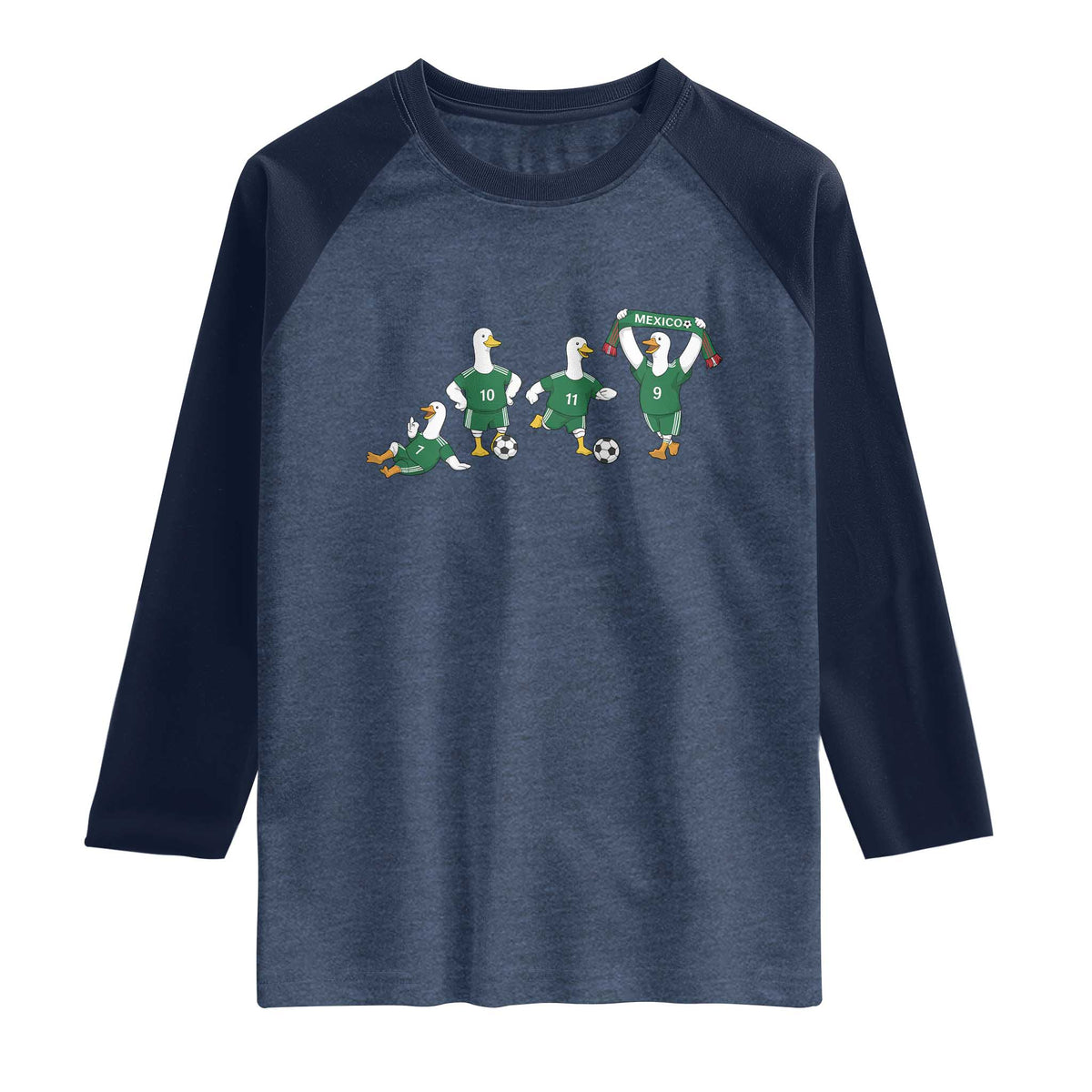Funny Mexico Merlin the Duck Playing Soccer Graphic Raglan Shirt Mexican Spirit Football Fans Cheer TS02 Heather Denim Navy Print Your Wear