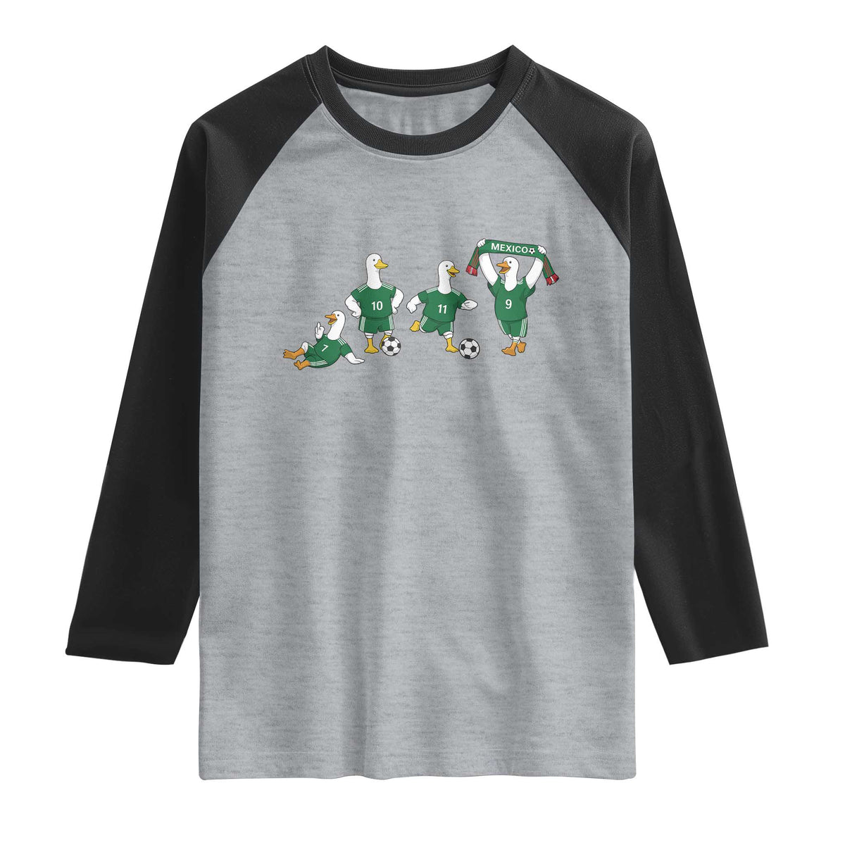 Funny Mexico Merlin the Duck Playing Soccer Graphic Raglan Shirt Mexican Spirit Football Fans Cheer TS02 Heather Gray Black Print Your Wear