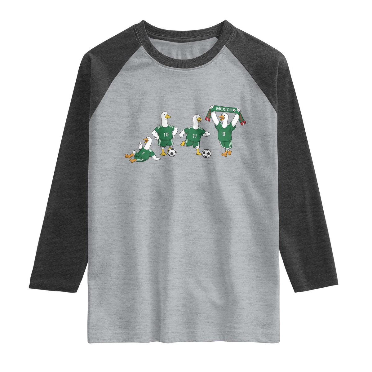 Funny Mexico Merlin the Duck Playing Soccer Graphic Raglan Shirt Mexican Spirit Football Fans Cheer TS02 Heather Gray Heather Charcoal Print Your Wear