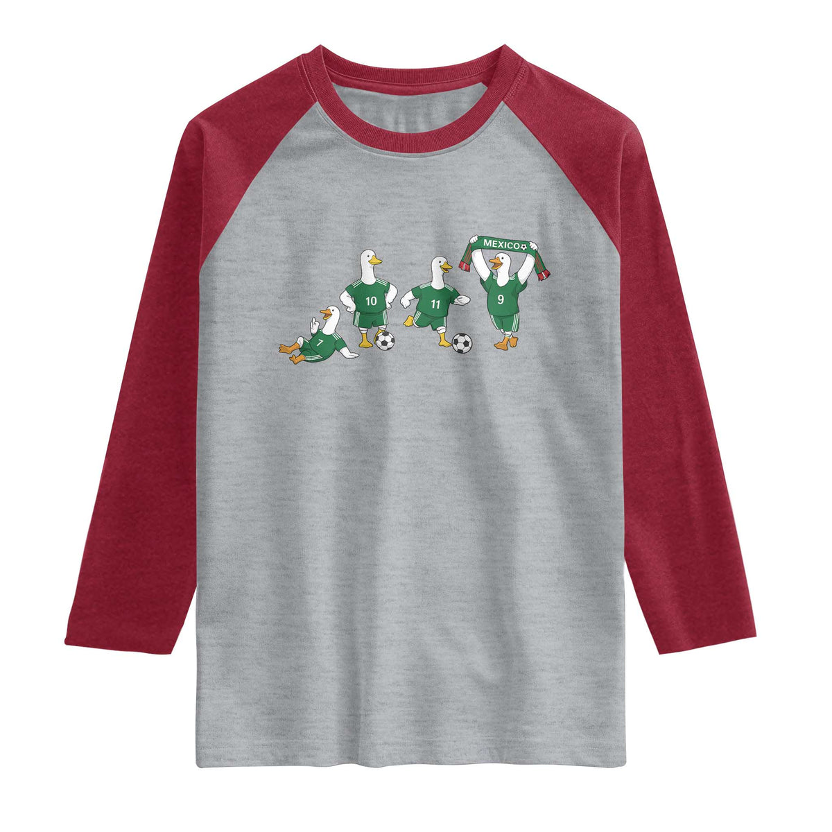 Funny Mexico Merlin the Duck Playing Soccer Graphic Raglan Shirt Mexican Spirit Football Fans Cheer TS02 Heather Gray Heather Red Print Your Wear
