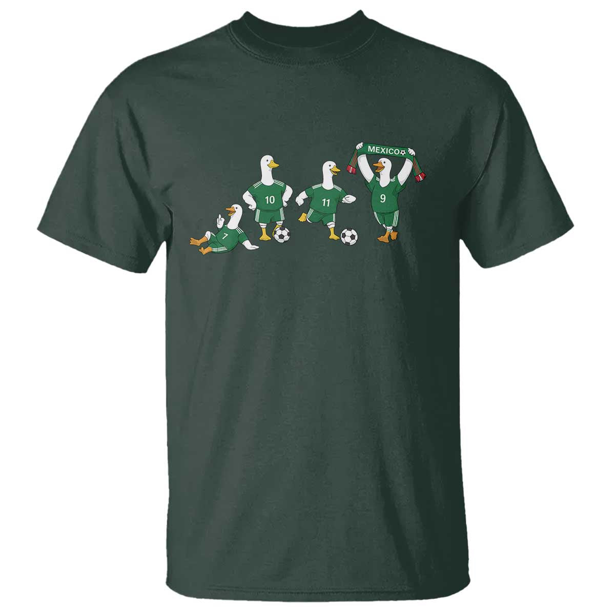 Funny Mexico Merlin the Duck Playing Soccer Graphic T Shirt Mexican Spirit Football Fans Cheer TS02 Dark Forest Green Print Your Wear