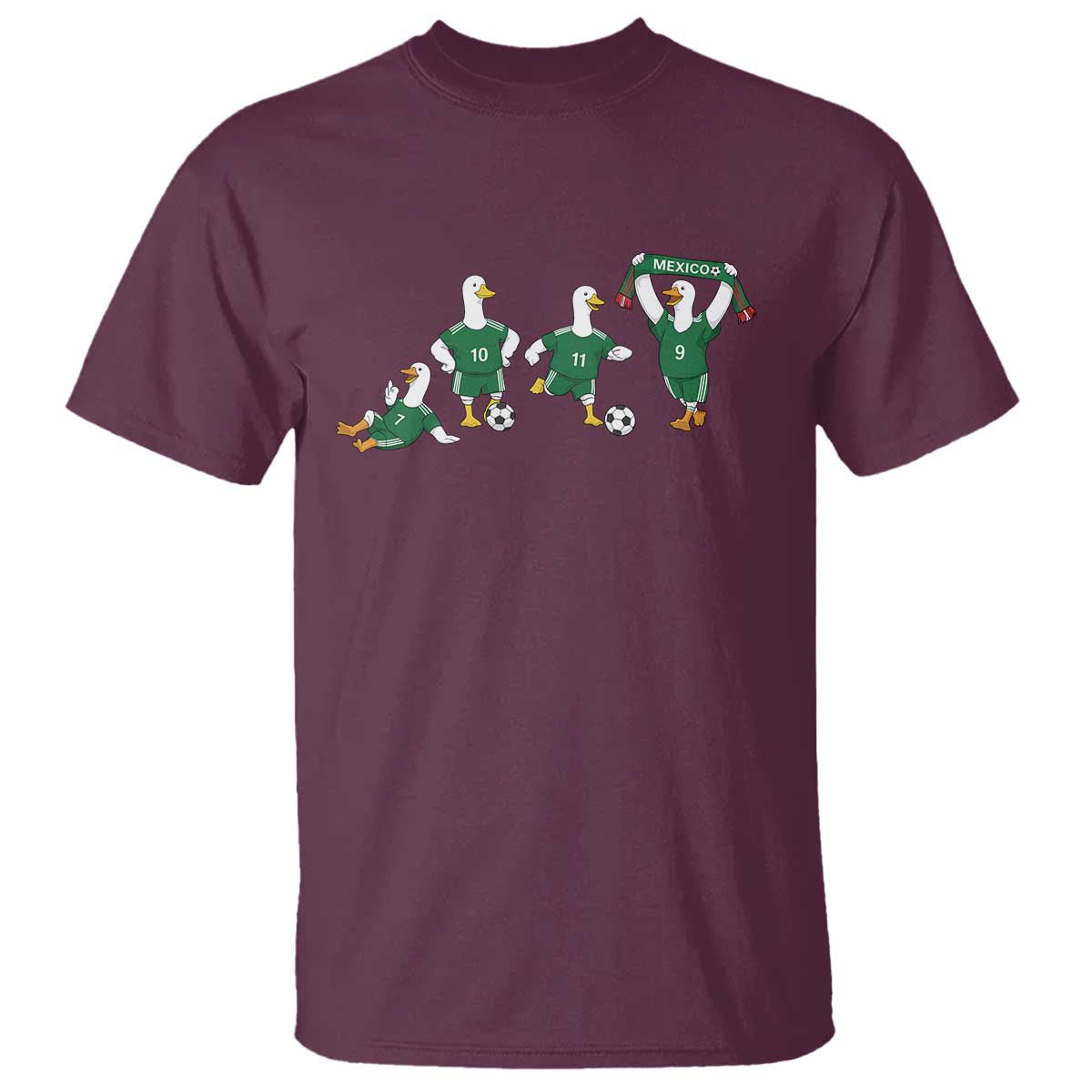 Funny Mexico Merlin the Duck Playing Soccer Graphic T Shirt Mexican Spirit Football Fans Cheer TS02 Maroon Print Your Wear