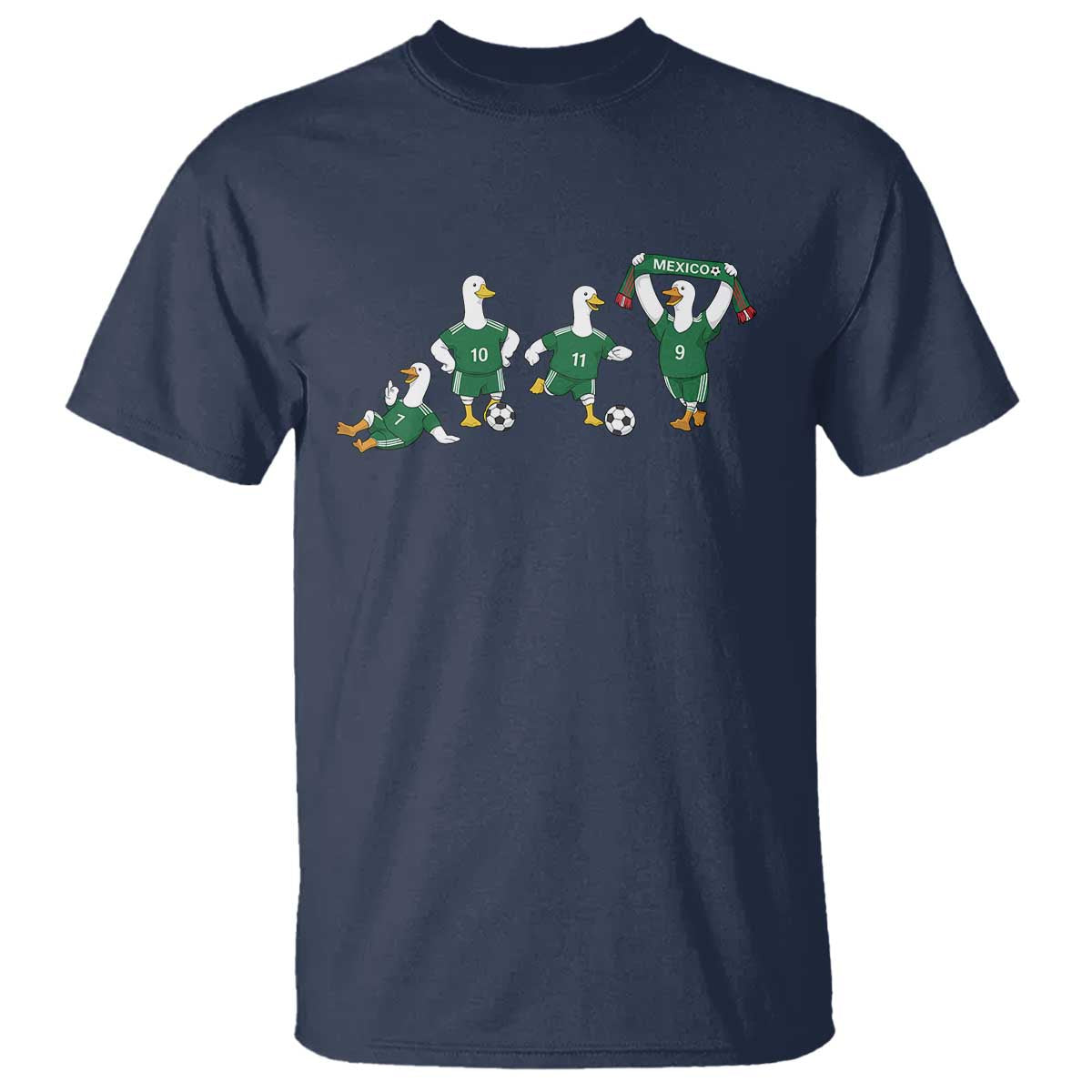 Funny Mexico Merlin the Duck Playing Soccer Graphic T Shirt Mexican Spirit Football Fans Cheer TS02 Navy Print Your Wear