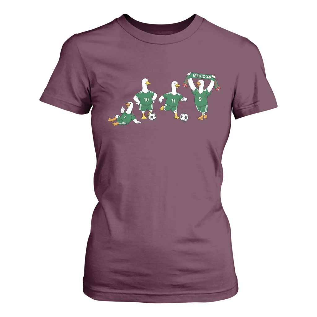 Funny Mexico Merlin the Duck Playing Soccer Graphic T Shirt For Women Mexican Spirit Football Fans Cheer TS02 Maroon Print Your Wear