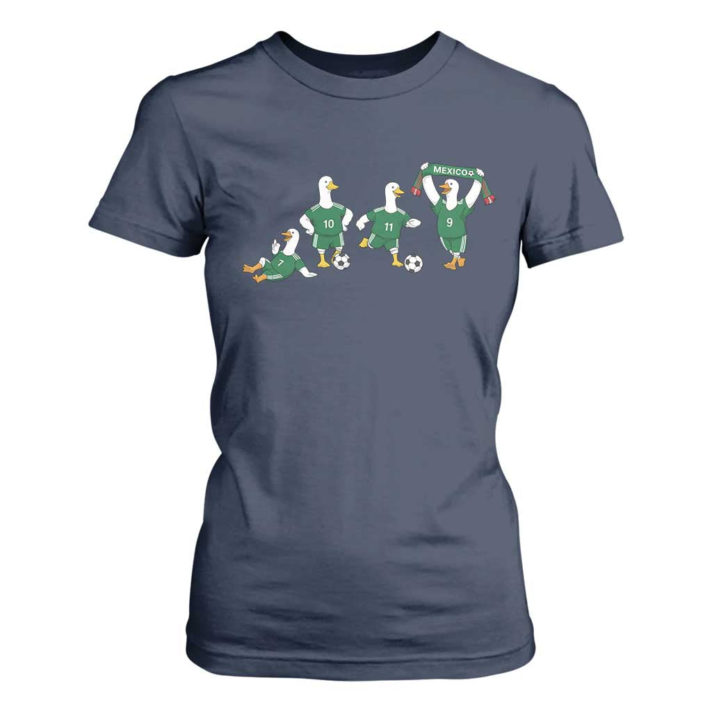 Funny Mexico Merlin the Duck Playing Soccer Graphic T Shirt For Women Mexican Spirit Football Fans Cheer TS02 Navy Print Your Wear