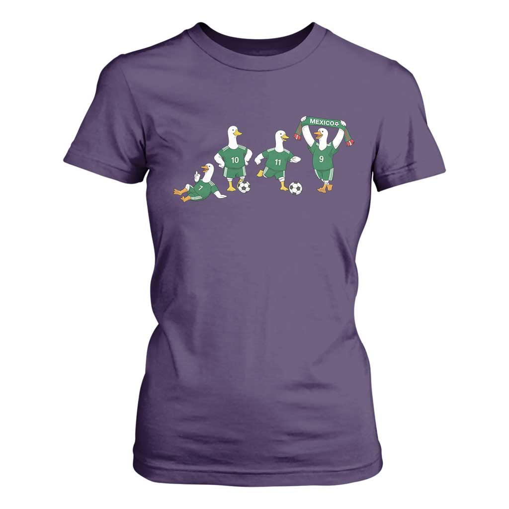 Funny Mexico Merlin the Duck Playing Soccer Graphic T Shirt For Women Mexican Spirit Football Fans Cheer TS02 Purple Print Your Wear