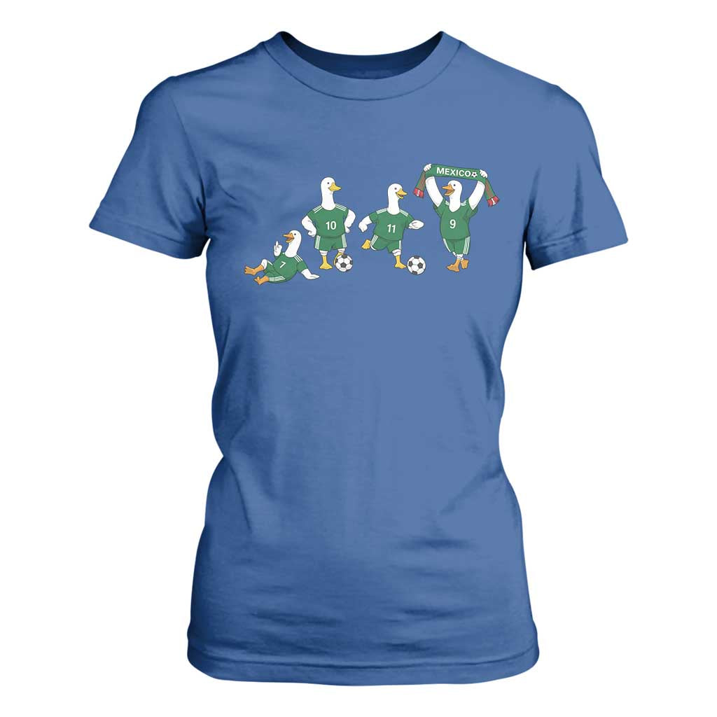 Funny Mexico Merlin the Duck Playing Soccer Graphic T Shirt For Women Mexican Spirit Football Fans Cheer TS02 Royal Blue Print Your Wear