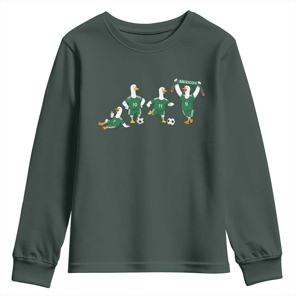 Funny Mexico Merlin the Duck Playing Soccer Graphic Youth Sweatshirt Mexican Spirit Football Fans Cheer TS02 Dark Forest Green Print Your Wear