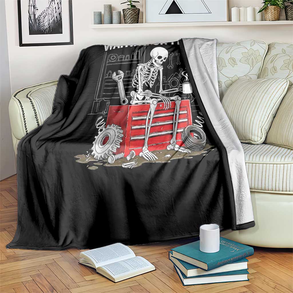 Waiting On Parts Skeleton Mechanic Throw Blanket Funny Sarcastic Auto Garage Repair Tech