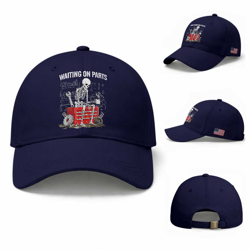 Waiting On Parts Skeleton Mechanic Baseball Cap Funny Sarcastic Auto Garage Repair Tech