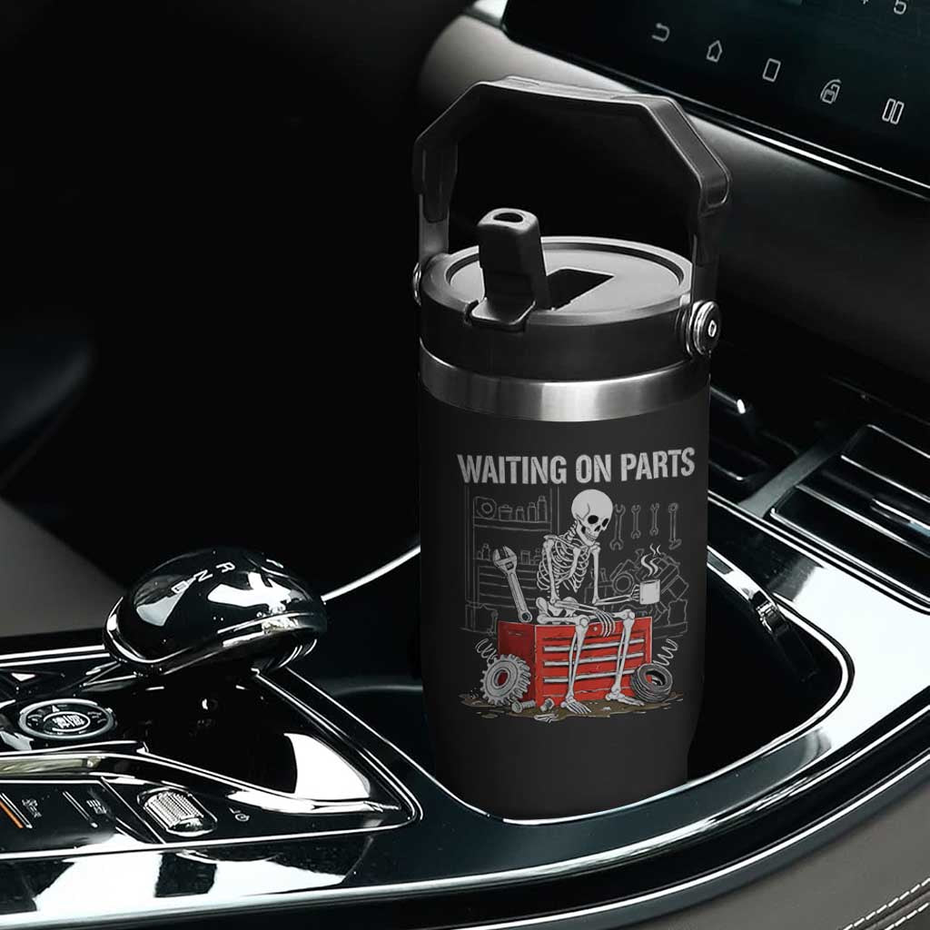 Waiting On Parts Skeleton Mechanic Flip Straw Tumbler Funny Sarcastic Auto Garage Repair Tech
