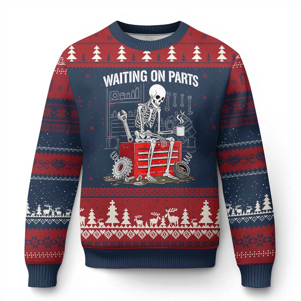 Waiting On Parts Skeleton Mechanic Ugly Christmas Sweater Funny Sarcastic Auto Garage Repair Tech