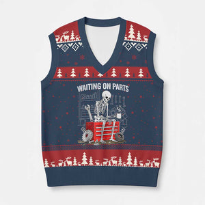 Waiting On Parts Skeleton Mechanic V-Neck Knit Sweater Vest Funny Sarcastic Auto Garage Repair Tech