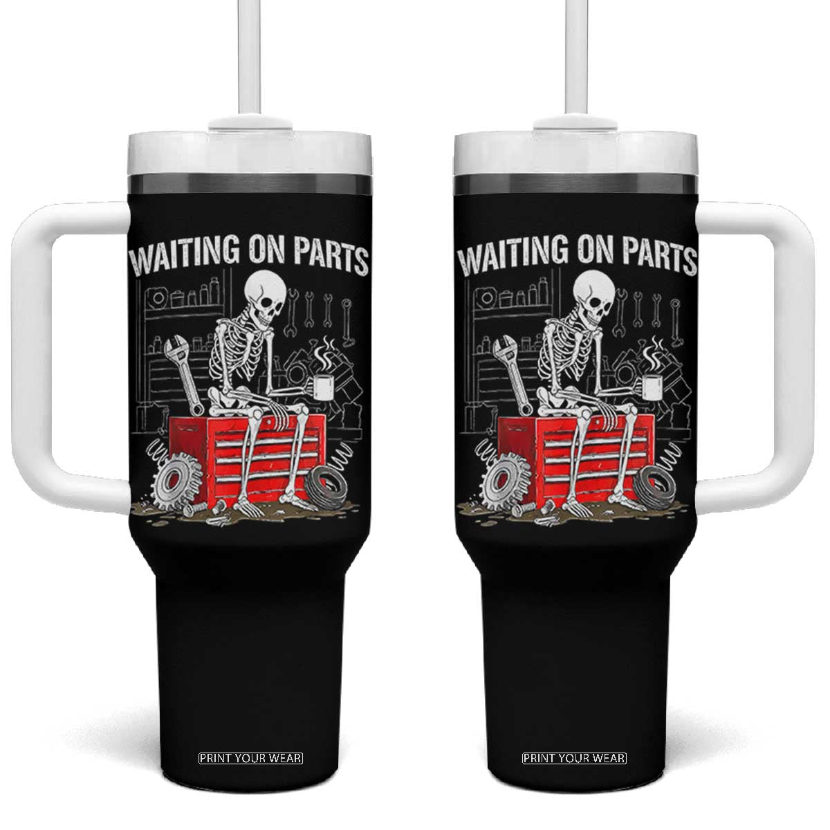 Waiting On Parts Skeleton Mechanic Tumbler With Handle Funny Sarcastic Auto Garage Repair Tech TS02 One Size: 40 oz Black Print Your Wear