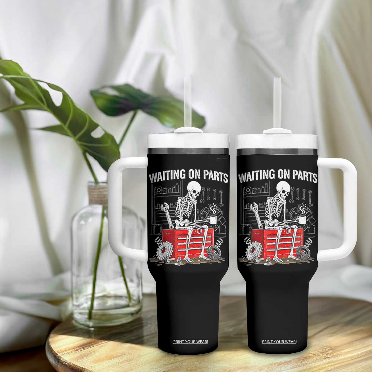 Waiting On Parts Skeleton Mechanic Tumbler With Handle Funny Sarcastic Auto Garage Repair Tech