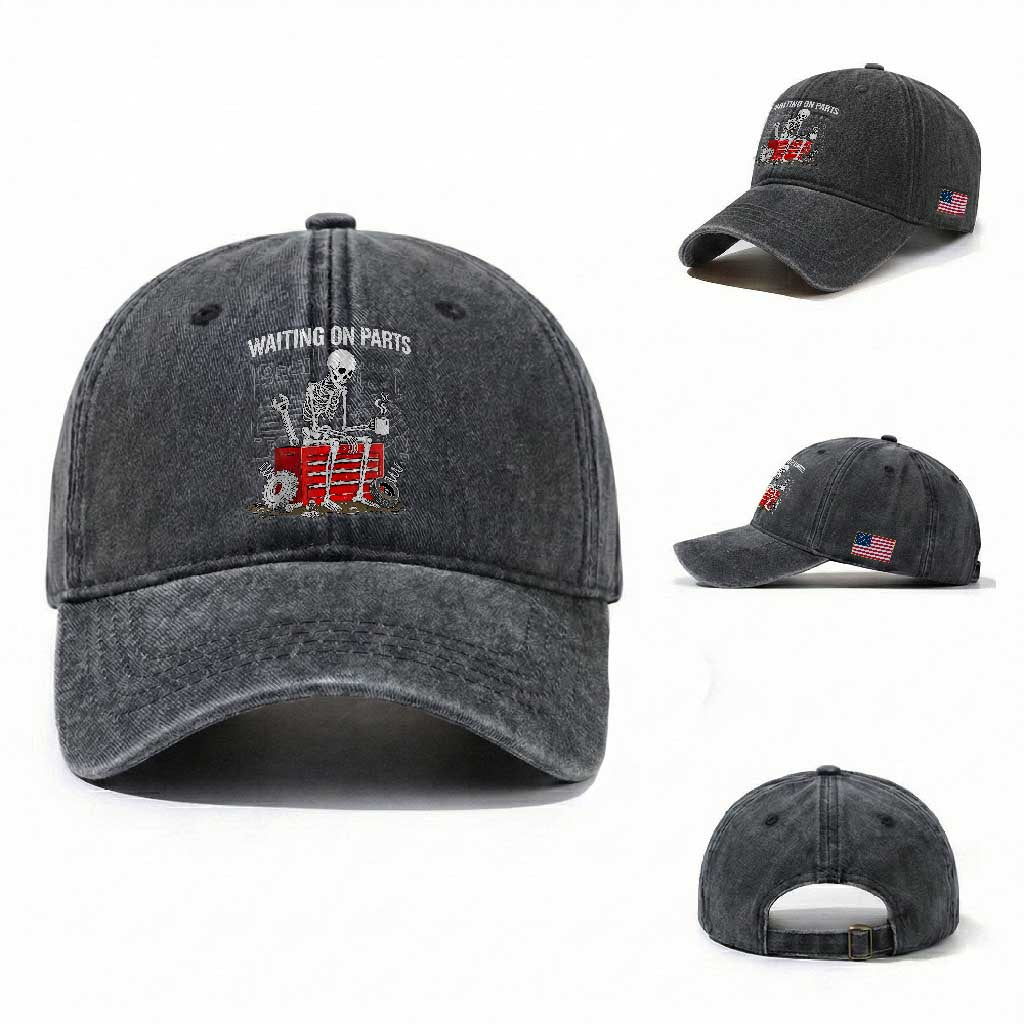 Waiting On Parts Skeleton Mechanic Washed Cotton Baseball Cap Funny Sarcastic Auto Garage Repair Tech