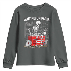 Waiting On Parts Skeleton Mechanic Youth Sweatshirt Funny Sarcastic Auto Garage Repair Tech