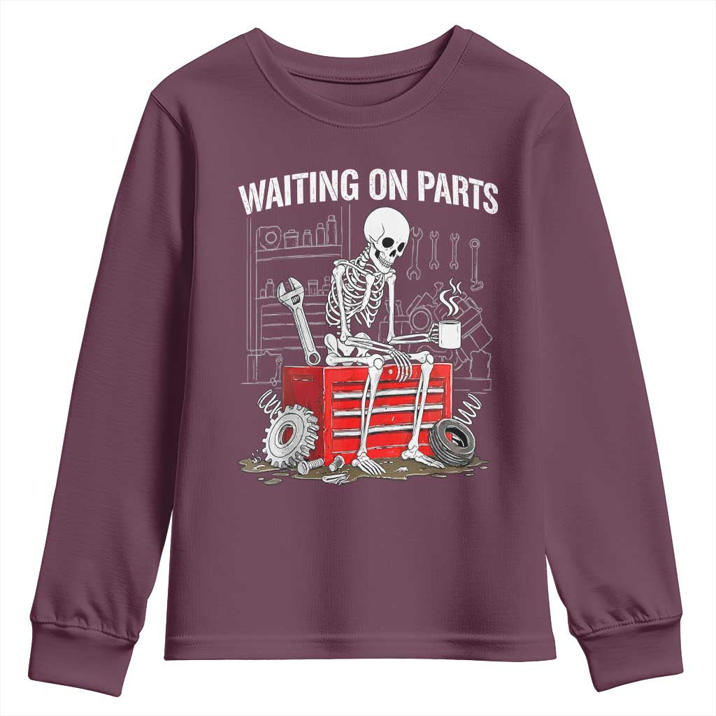 Waiting On Parts Skeleton Mechanic Youth Sweatshirt Funny Sarcastic Auto Garage Repair Tech