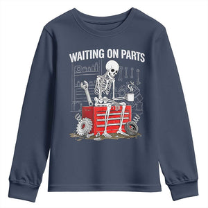 Waiting On Parts Skeleton Mechanic Youth Sweatshirt Funny Sarcastic Auto Garage Repair Tech