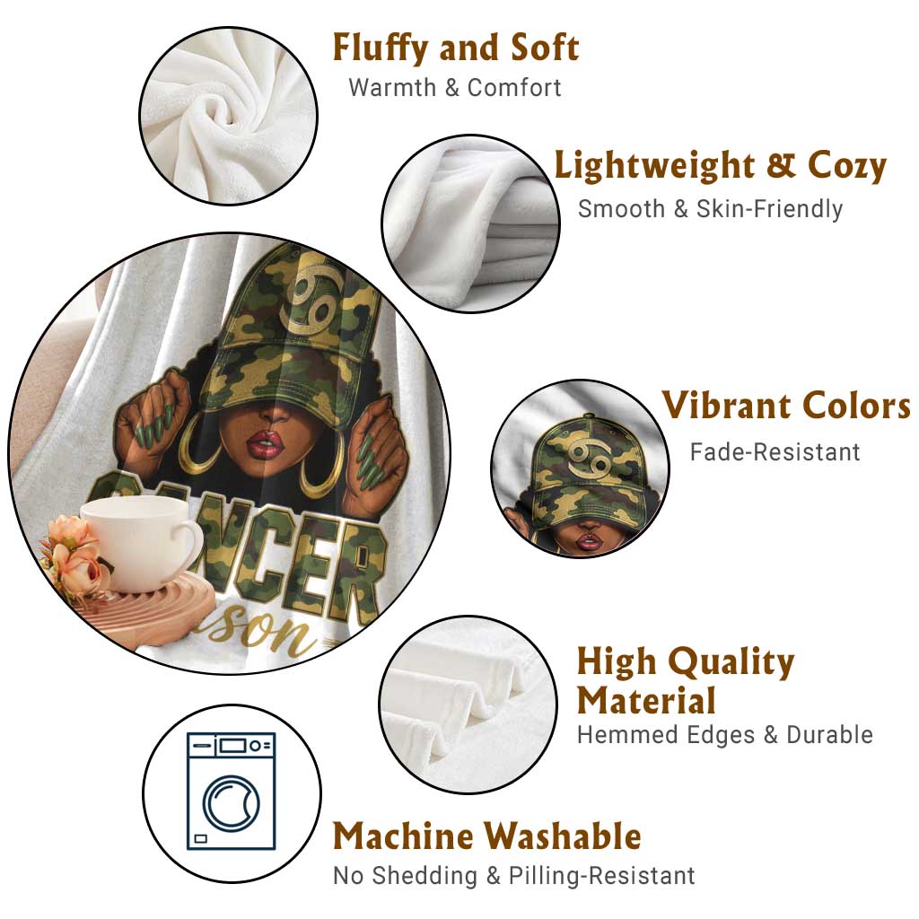 Zodiac Queen Cancer Season Retro Camo Camouflage Graphic Throw Blanket June July Horoscope Birthday Gift Melanin Women