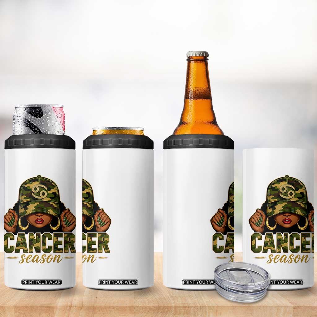 Zodiac Queen Cancer Season Retro Camo Camouflage Graphic 4 in 1 Can Cooler Tumbler June July Horoscope Birthday Gift Melanin Women