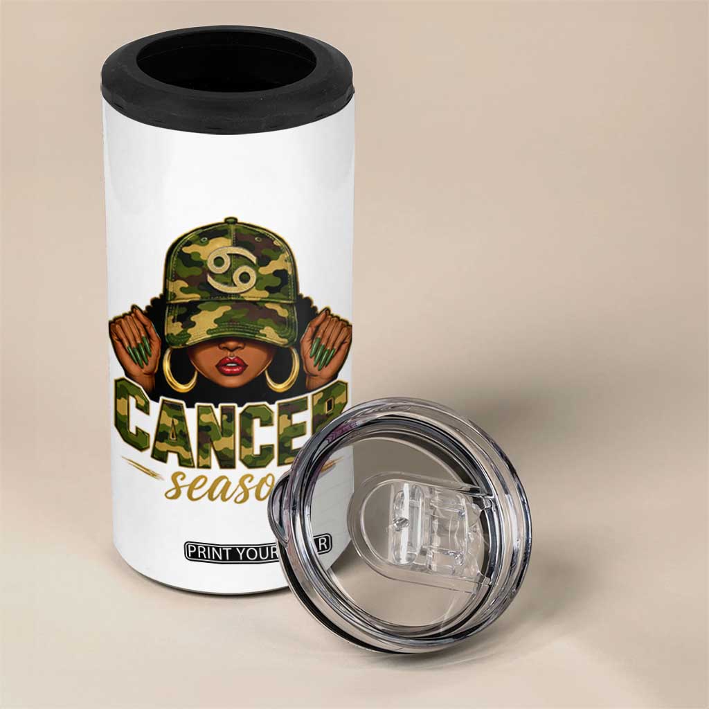 Zodiac Queen Cancer Season Retro Camo Camouflage Graphic 4 in 1 Can Cooler Tumbler June July Horoscope Birthday Gift Melanin Women